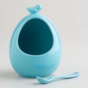 Ceramic Salt Cellar -Turquoise Bird & Egg W/ Spoon